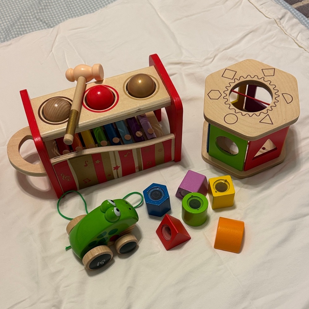 Hape Toys - Baby and Toddler Wooden Toy Pull Frog, Shape Sorter, and Xylophone